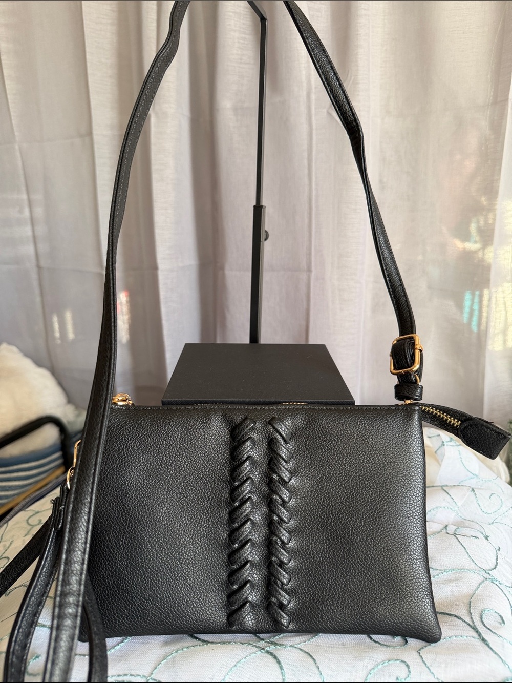 Isabelle Black Braided Trim Crossbody/Shoulder Bag/Wristlet